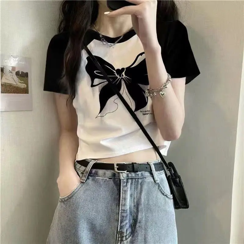 [8777 People Collected] New Fashion Style American Retro Short Pure Desire Hot Girl Design Sense Raglan Color Block Short Sleeve T-Shirt for Women