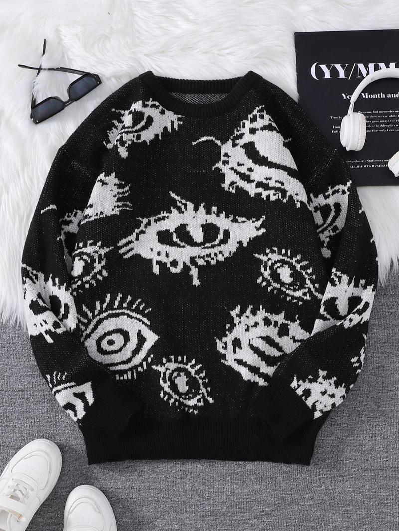 Product Introduction of Men's All Over Eye Print Drop Shoulder Sweater, Regular Fit Casual Long Sleeve Round Neck Jumper for Fall & Winter, Fashion Men's Knitwear for Daily Wear 3