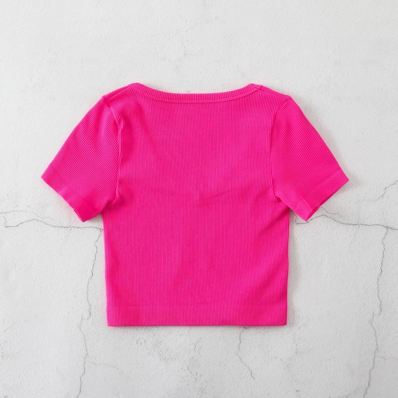 Product Introduction of European and American Yoga Wear Sexy Stretch Yoga Seamless Sports Top Short Sleeve V-Neck Slim Fit Solid Color Ribbed T-Shirt 29