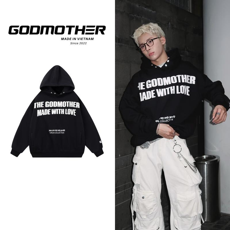 Áo Hoodie Nỉ Bông Form Boxy GODMOTHER MADE WITH LOVE Unisex Mũ To Có Cúc Màu Xám Tiêu - Đen 2024