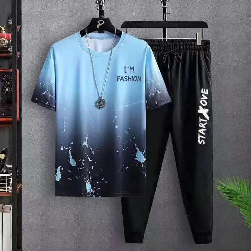 Men's casual sports suits, loose, Ice Silk material, large size, short sleeve, new design, cut pants, casual pants outfits, 2025