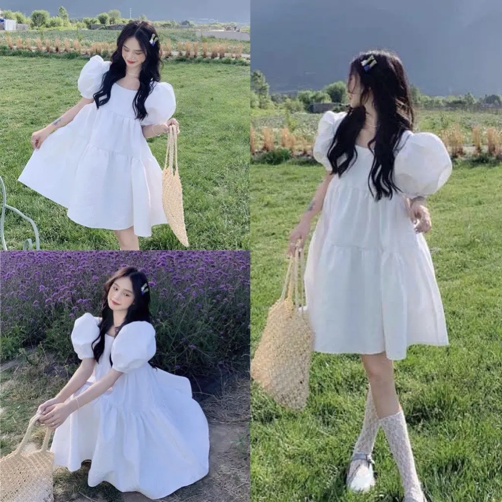 Váy Babydoll nữ cổ vuông tay bồng xếp tầng chất thô mềm- đầm tiểu thư nữ dáng xòe bánh bèo dễ thương màu trắng hàn quốc Women Voan Dress Voi