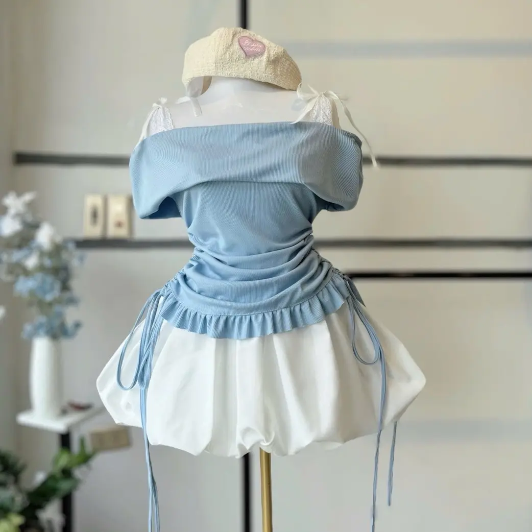 Sét Váy Dễ Thương Màu Xanh Ngọc Gồm Áo Trễ Vai + Chân Váy Bí Có Quần Trong