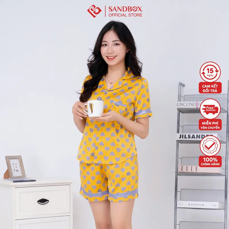 Bộ mặc nhà nữ SANDBOX bộ Pijama ngắn tay quần đùi chất lụa mềm mại, trẻ trung BLD23004 -2 Nhung Áo Ngủ Quần Ngủ Women Nho 4