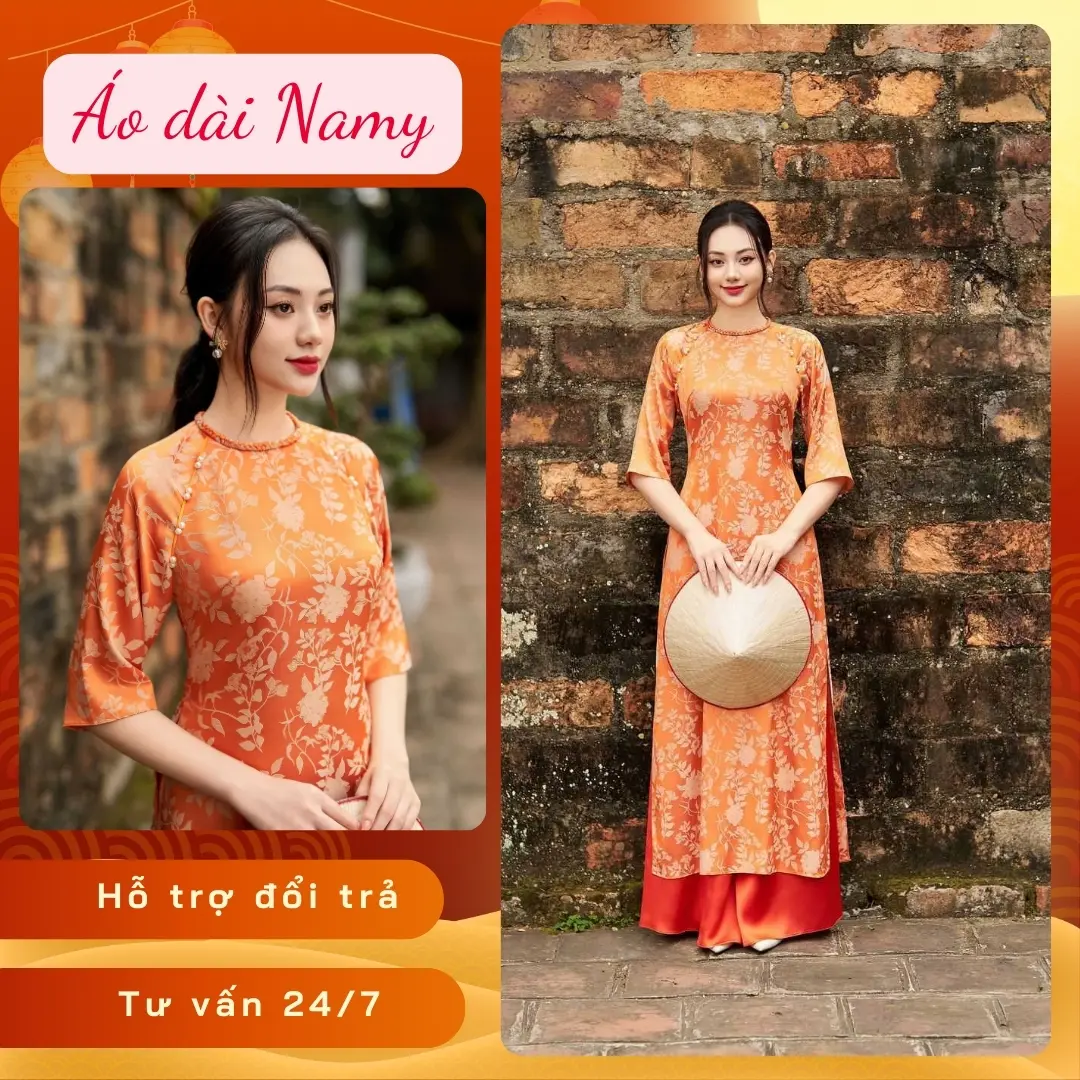 Áo Dài Cách Tân Gấm Tơ Màu Cam NAMY Áo Dài May Sẵn Tay Lỡ Cổ Tròn Tết Cách Điệu Đính Ngọc Trai AD1057