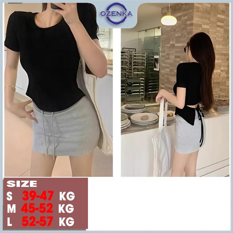 Áo baby tee cotton kiểu vạt bầu hở lưng cộc tay nữ Ozenka , áo thun dáng ngắn cổ tròn basic mặc hàng ngày đen trắng Women Top Voi Kem Jean Shirt