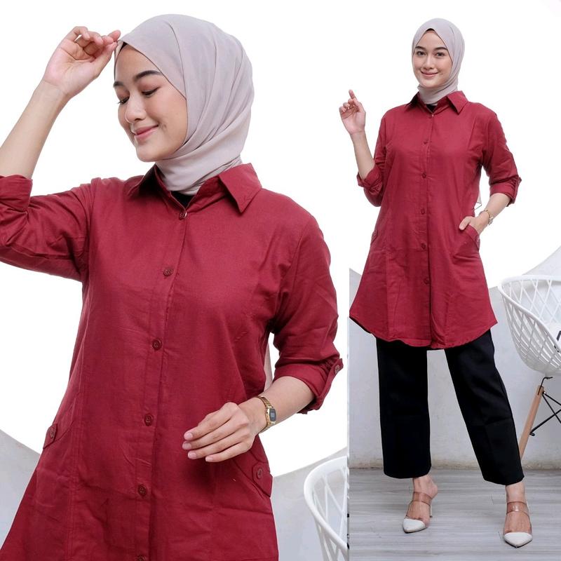 Tuni Polos Katun Linen Adem  Model Kekinian Kancing Nyaman Panjang Muslim tunik oversize 6