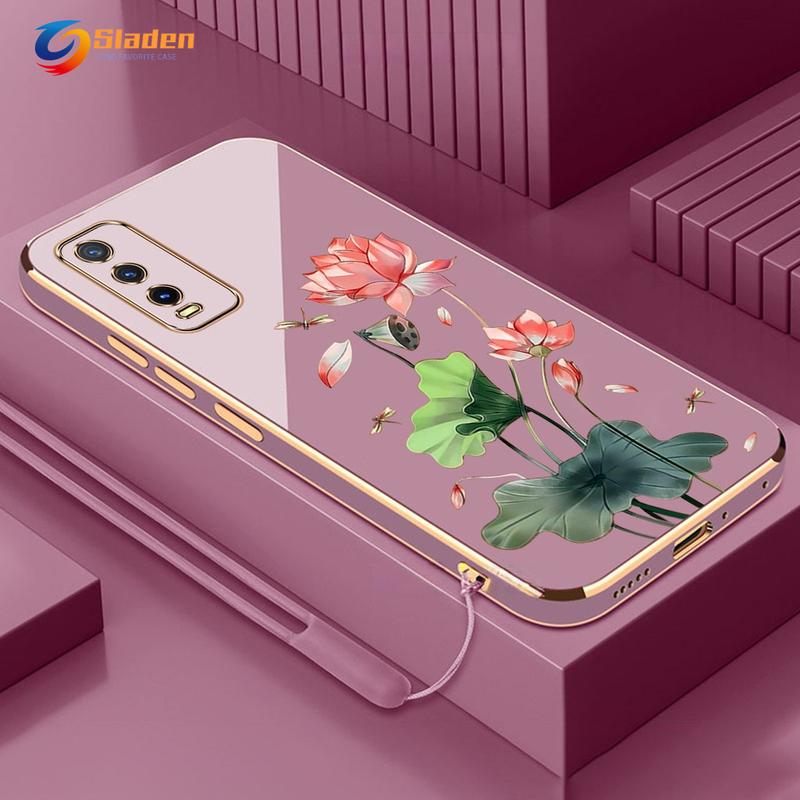 Ốp Điện Thoại Vivo Y20 Y20S Y20i Y12S Y12A, SLADEN, Chất Liệu Silicon TPU, Cạnh Thẳng, Mạ Điện, Họa Tiết Bồ Công Anh, Chống Sốc, Dây Đeo Tay Ốp Mềm Silicone