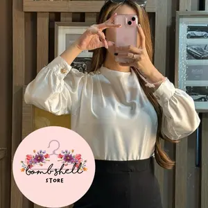 Athena Button Shoulder Top  / Blouse kekinian / atasan satin / atasan blouse korean by Bombshellofficial