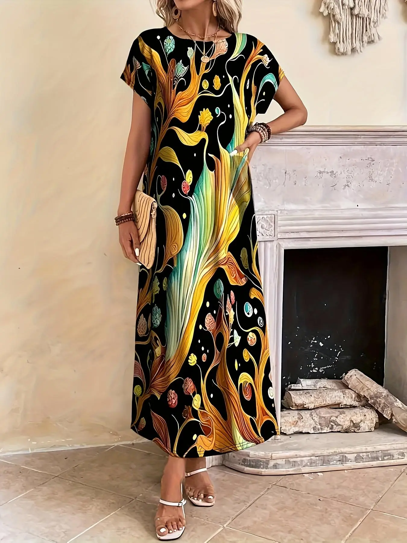 【Plus Size】 All Over Print Round Neck Dress, Plus Elegant Fashion Casual Short Sleeve Dress for Daily Outdoor Wear, Women Plus Clothing for All Seasons