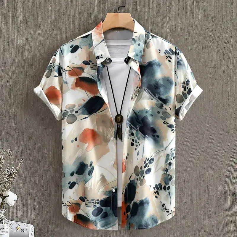 Áo Sơ Mi Nam Thường Ngày Phong Cách Mùa Hè, In 3D Mực Tranh Mực Phong Cách Trung Quốc, Cổ Bẻ Áo, Áo Sơ Mi Ngắn Tay, Bốn Mặt, Cỡ Lớn, Dành Cho Nam Menswear