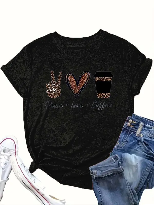 【Plus Size】 Cartoon Coffee Cup & Heart Print Round Neck Tee, Fashion Casual Crew Neck Short Sleeve T-Shirt for Daily Outdoor Wear, Women Clothing for Summer 2