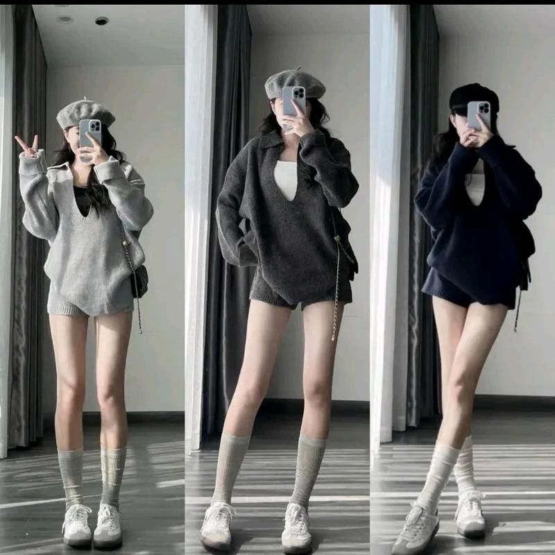 Sét bộ nữ len tăm dài tay cổ khoét sâu sang chảnh kèm áo croptop và quần short - Women, Kem
