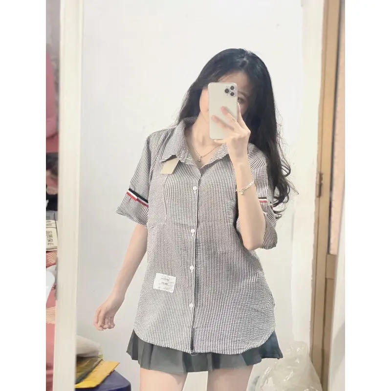 ￼Áo sơ mi kẻ nữ áo kiểu nữ ngắn tay phong cách hànnn