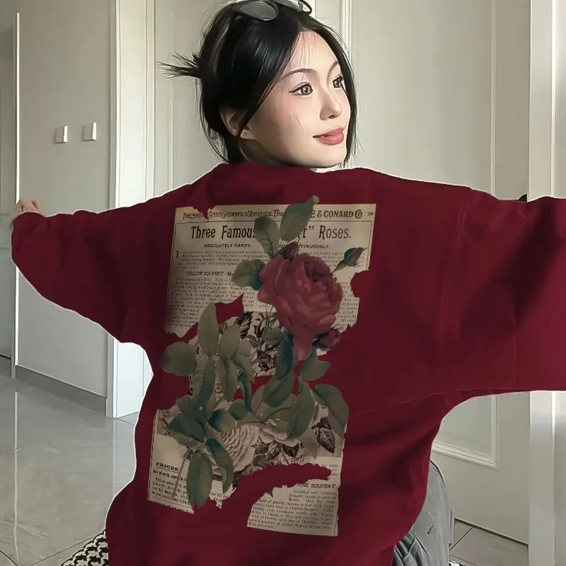 Áo Len Cổ Tròn, Màu Đỏ Rượu Vang Cao Cấp, Ngoại Cỡ, Áo Sơ Mi Hàng Đầu Cá Tính, Dành Cho Nữ, Phong Cách Mới Mùa Xuân Và Mùa Thu, Cổ Điển Mỹ, Màu Đỏ Rượu Vang Women Top Hoodie 2