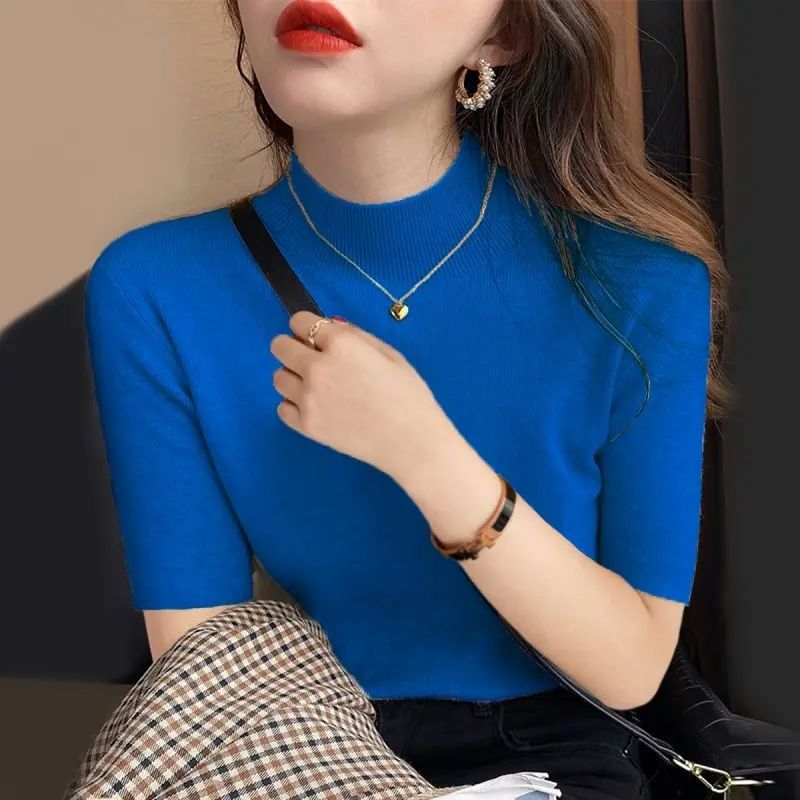 Áo Dệt Kim Cho Nữ, Cổ Cao, Mỏng Vừa Vặn, Áo Sơ Mi Thường Ngày Áo Cánh ngắn Tay Nữ, Phong Cách Hàn Quốc, Dáng Ôm, Áo Phông, M99, Hàng Mới Về 4