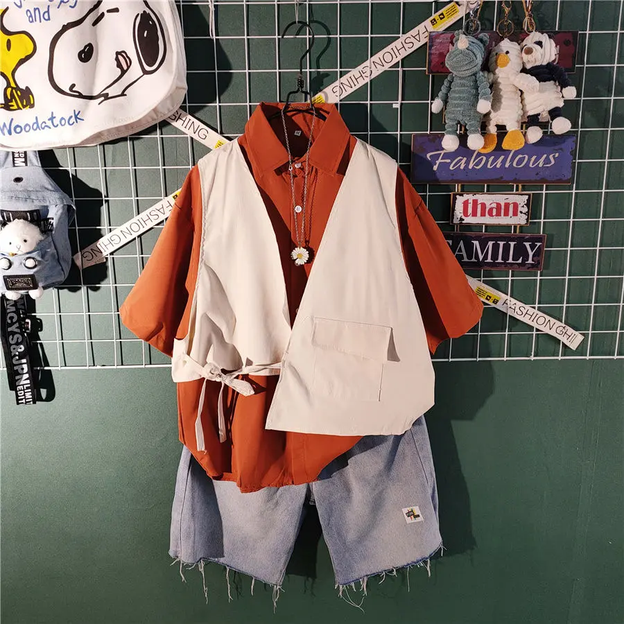 Bộ Đồ ngắn Tay Nam, Thiết Kế Khâu Mùa Hè, Áo Sơ Mi Hai Mảnh, Quần Short Denim, Bộ Đồ Ba Mảnh Hợp Xu hướng Thiết Kế Đẹp