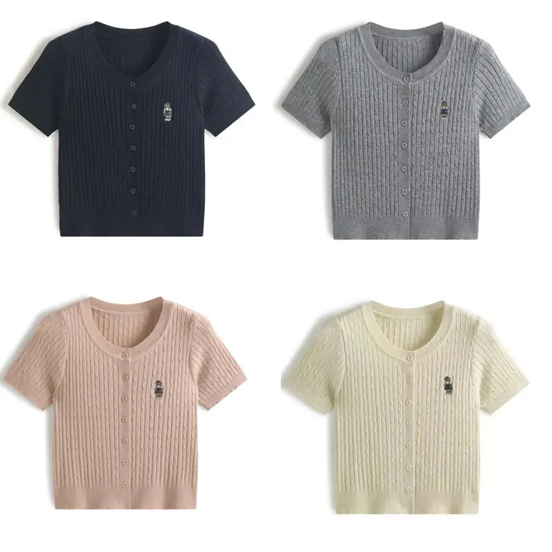 College Style Round Neck Short Sleeve Twists Knitting Embroidery T-shirt