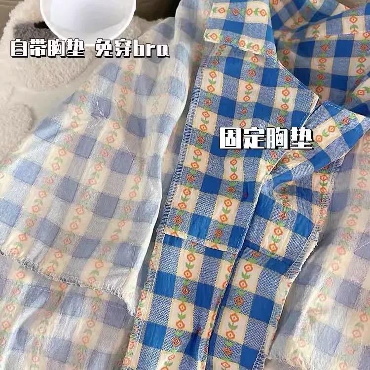Đệm mỏng_  Bộ ngủ Thô mây dài tay caro cổ vest basic mềm mát mặc nhà pijama nữ 3