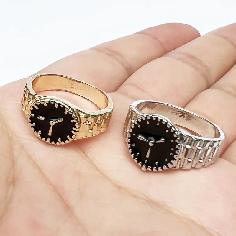 Clock Ring Cincin Model Miniatur Jam Tangan Metal Perak Emas Perhiasan Aksesoris Fashion Mewah Elegan Pria Wanita korean style [B4-4] Gold Silver Titanium