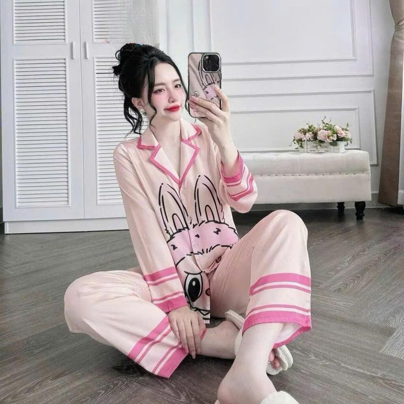 Bộ đồ ngủ mặc nhà dài tay in hình vải satin cao cấp - Bộ pijama hoạt hình dễ thương Nữ Women Quần Ngủ Áo Ngủ 2