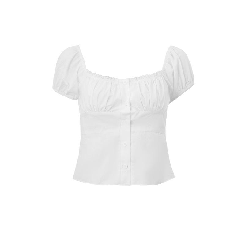 Women's Casual Square Collar Button-down Puff Sleeve Short-Sleeve Lace Patchwork T-shirt Tops Womenswear Blouse 5