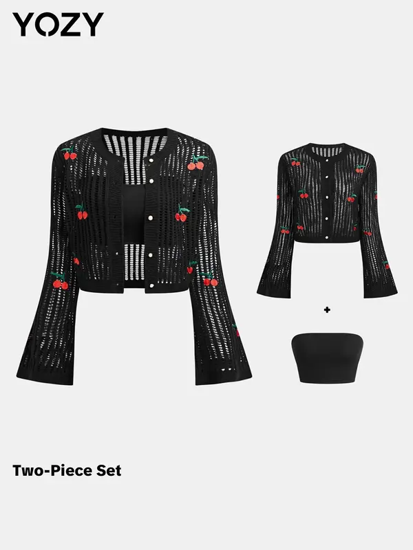YOZY Boho Cherry Embroidery Cardigan & Basic Crop Tube Top/ Flounce Sleeve Button Front Knitwear & Sleeveless Tube Top, 2024 Women's Summer & Autumn Outfits for Daily Wear 4
