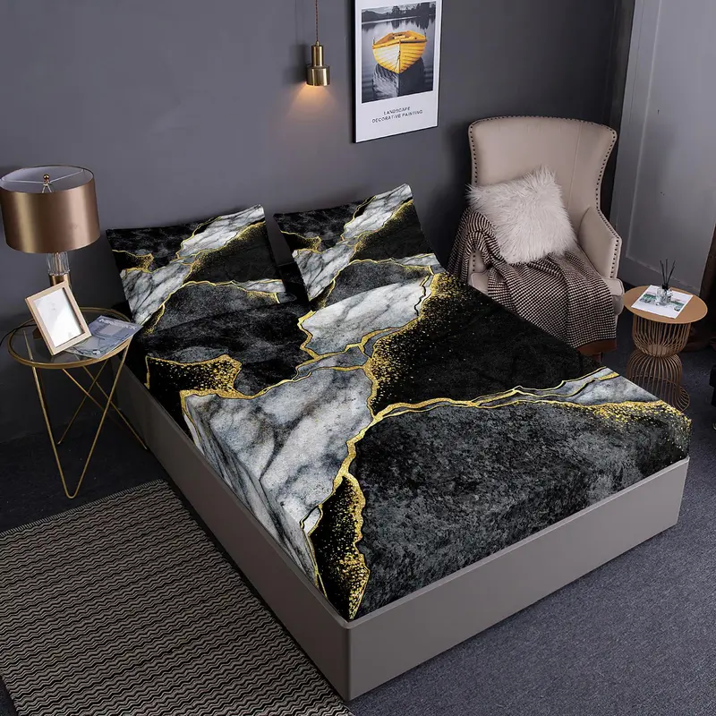 1 Count Marble Print Fitted Sheet & 2 Counts Pillowcase Set without Filler, Soft Comfortable Bedding Set, Bedding Supplies for Home Bedroom & Hotel, Christmas Gifts, Christmas Decorations 0