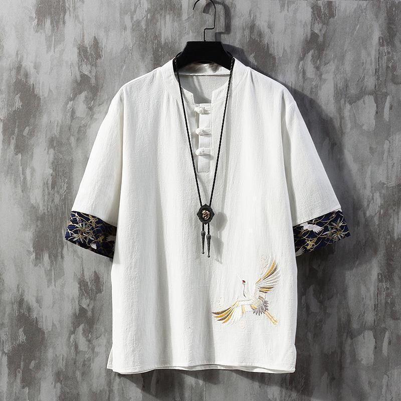 Chinese Style Men's Linen Short Sleeve T-Shirt Summer Thin Loose Plus Size Embroidered Tang Suit Half Sleeve Shirt Cotton Linen Tee 5