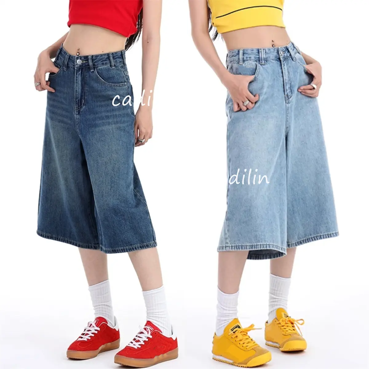 Unisex Loose Denim Shorts  |  High-Waist Distressed Denim Culottes  |  Wide-Leg 7-Point Jeans