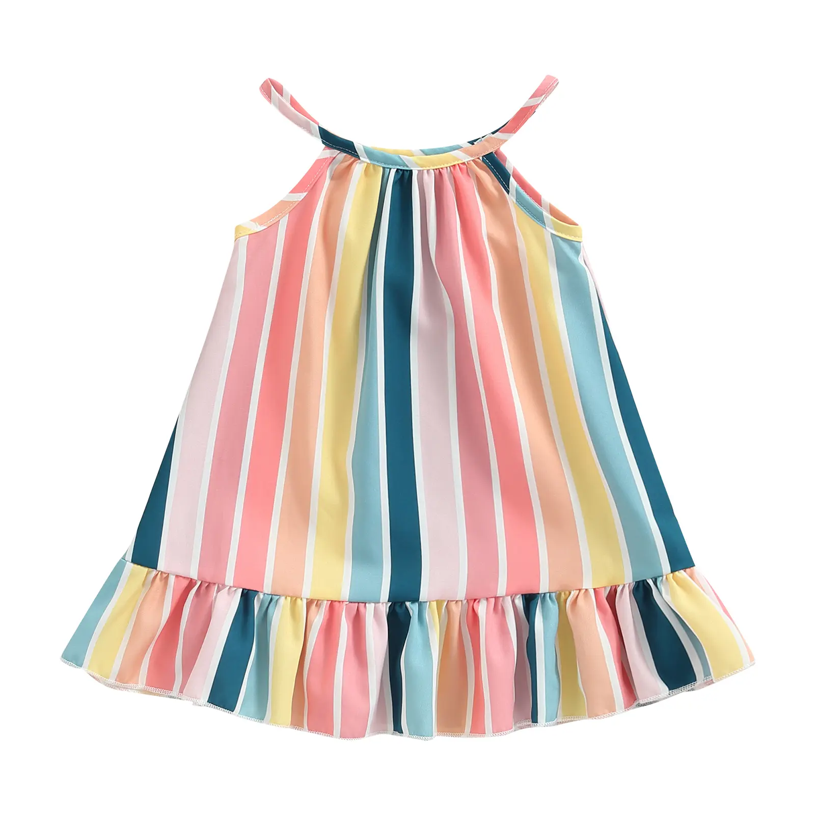 Kids Girls Summer Sleeveless Dress Vertical Stripe Print Ruffle Hem Casual Spaghetti Strap Dress