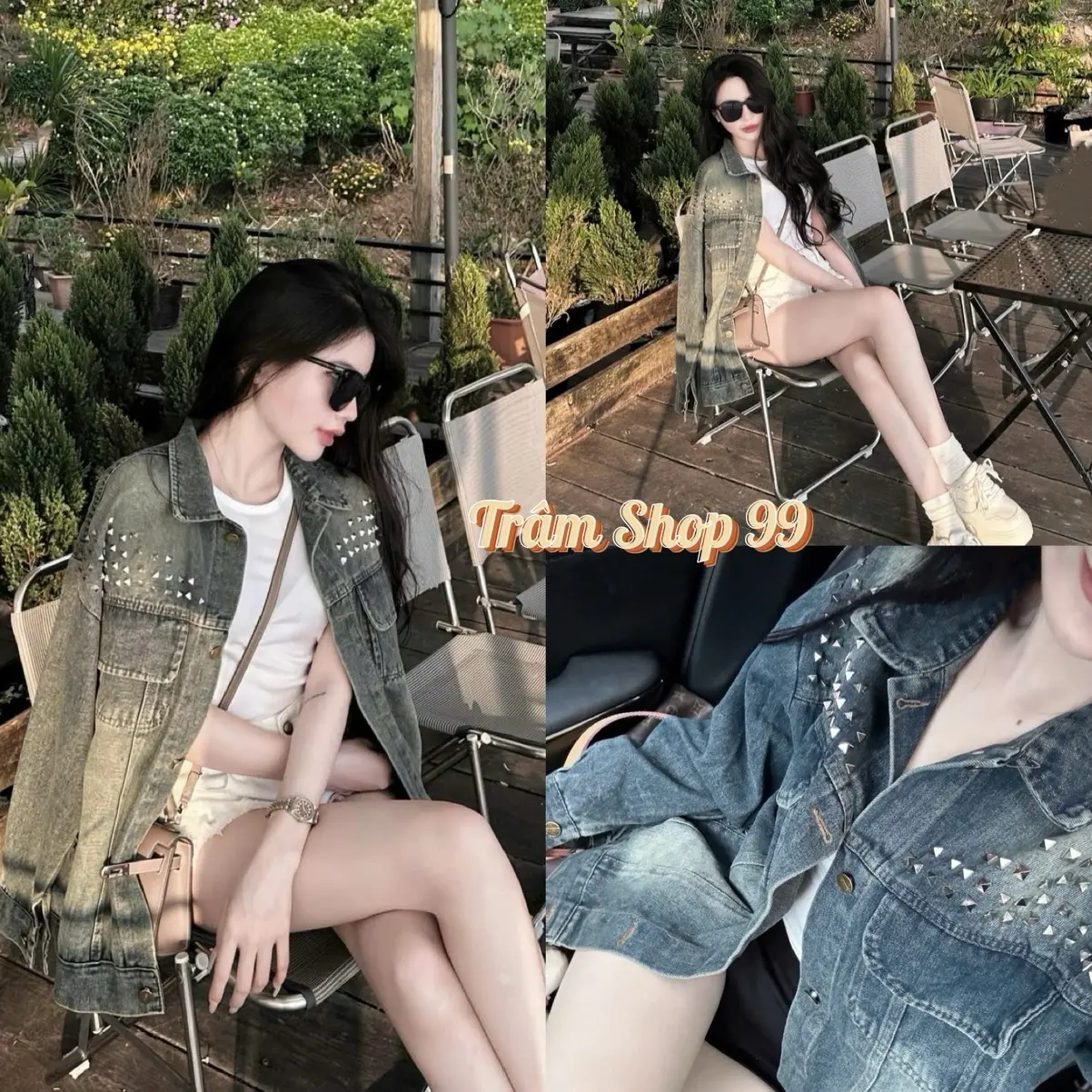 Áo Khoác Jean Bò Nạm Đá Đinh Form Rộng QC L1 Women Nữ Top Jacket Nhung Kem