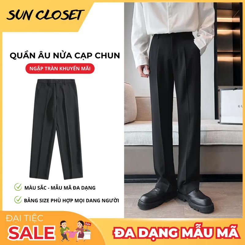 Quần âu nửa cạp chun SUN CLOSET MÀU ĐEN form suông rộng nam nữ Menswear Pants có thể giặt máy thời trang thanh lịch 0