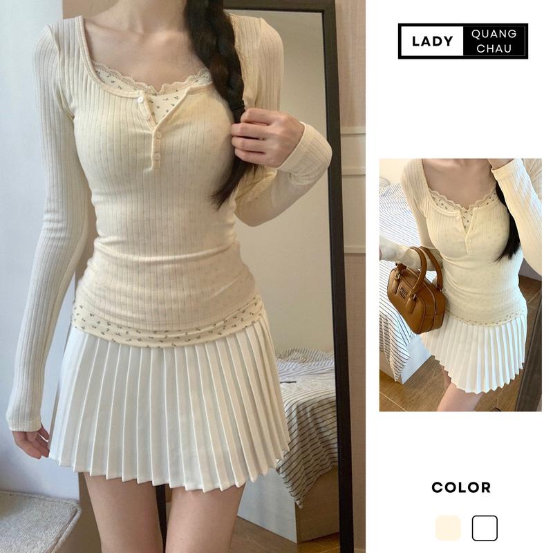 Áo brandy dài tay nữ phối hoa nhí vintage chất thun mềm kiểu dáng coquette tôn eo tôn dáng thời trang LADY