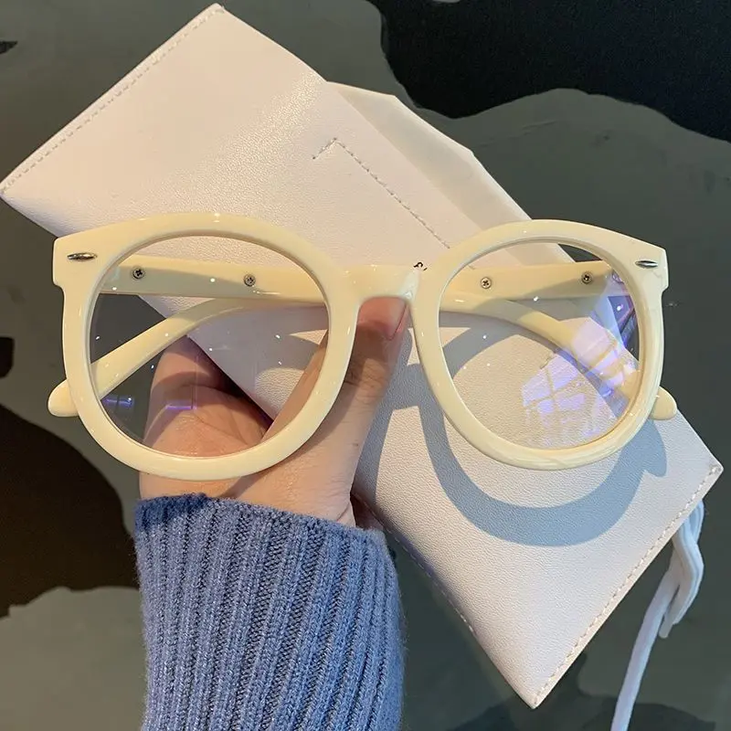 Korean Style Classic Off-White Thick Frame Glasses for Women, Unique Retro Artistic Round Non-Prescription Glasses for Men, Trendy Large Face Glasses