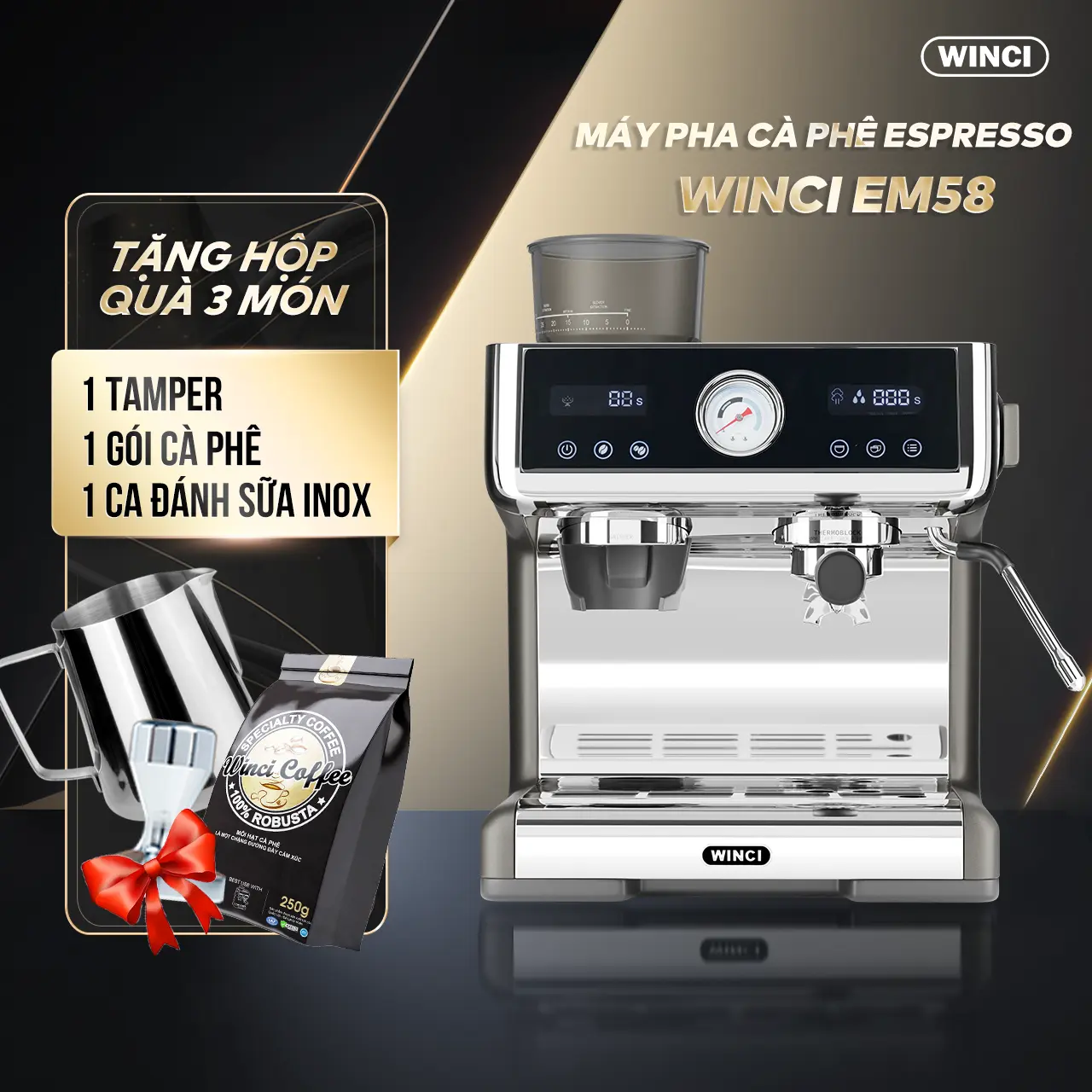 Máy Pha Cà Phê Tự Động Winci EM58  Máy xay tích hợp Công suất 3000W Áp suất 20 Bar 2 Boiler riêng biệt Tay Cầm 58mm Tặng 1 tamper inox ,1 gói cà phê robusta 250 Gr, 1 ca inox Espresso, Cappuccino, Latte cafe