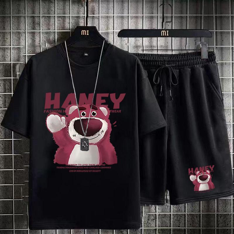 Product Introduction of Casual Sports Suit for Men Summer 2024 New Style Middle School Student Printed T-Shirt Men's Short Sleeve Shorts Trendy 1/2 Piece Fasciitis 25