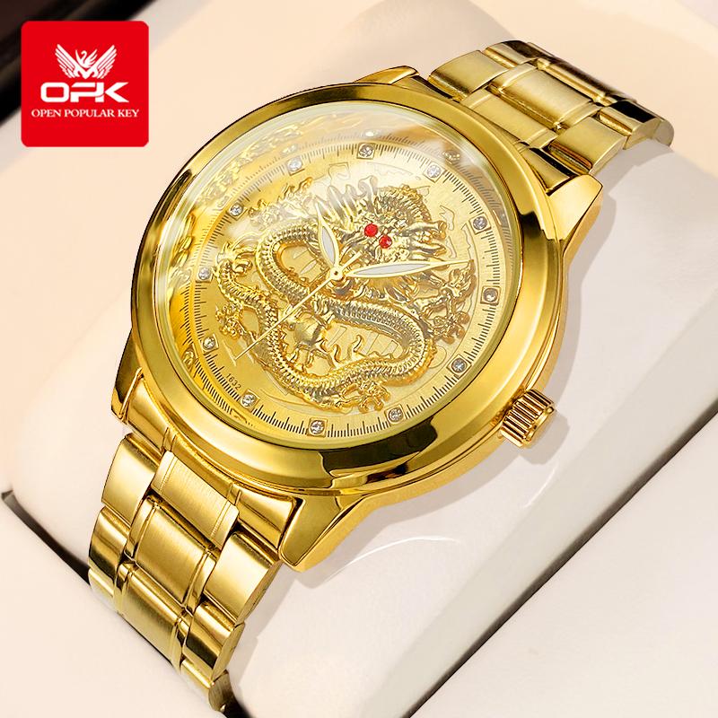 OPK Đồng hồ nam dây thép không thấm nước Đeo Tay Thời trang việc kinh doanh Watch Thiết kế rồng 8111