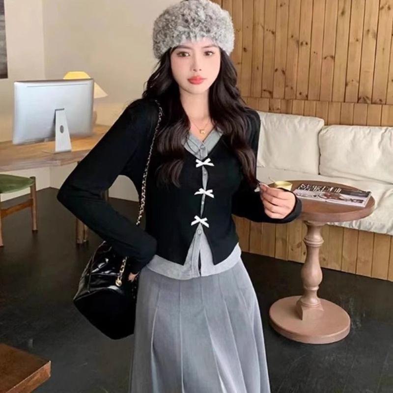 Product Introduction of Áo Thấp Eo Có Nơ, Hàng Mới Về Đầu Thu, Thanh Lịch, Hai Mảnh Giả, Màu Tương Phản, Dài Tay, Phong Cách Quý Cô 6