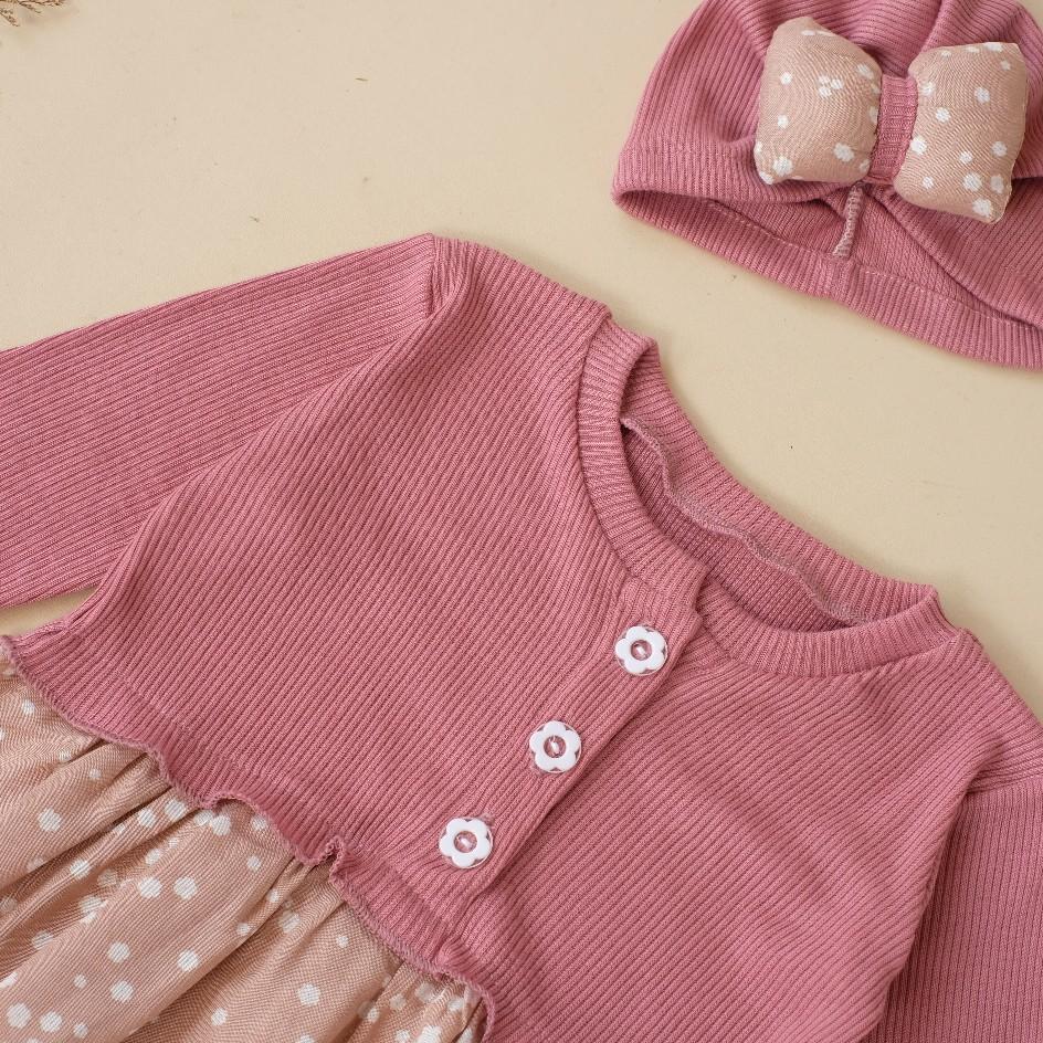 Dress bayi Mikhayla bahan rib rayon lengan panjang bonus turban 0-12 bulan