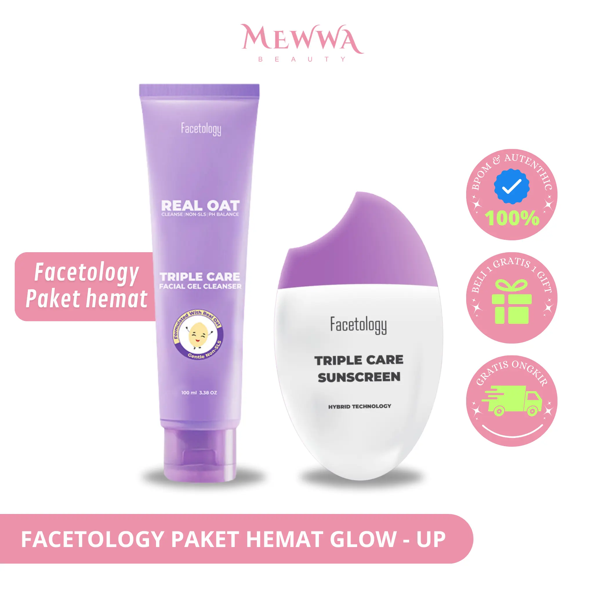 Mewwa Beauty - Promo Bundling FACETOLOGY Triple Care Sunscreen & Facial Gel Cleanser SPF 40 PA++ Original BPOM
