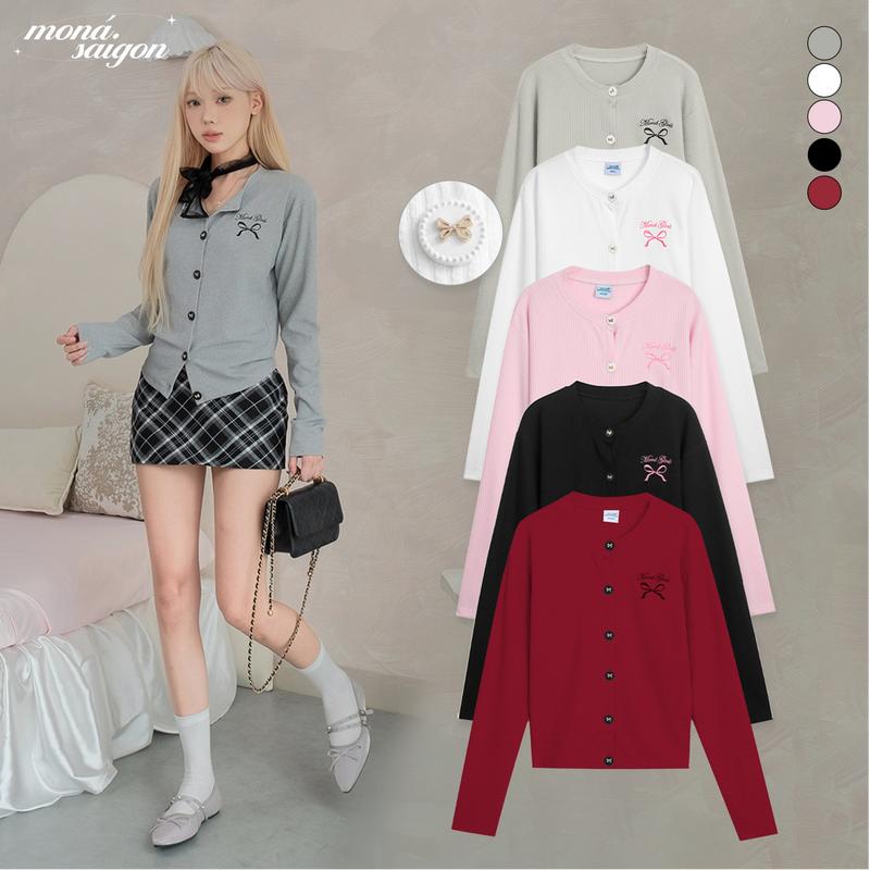 Áo khoác cardigan MONÁ áo khoác thu đông nữ chất thun gân thêu nơ - BOW
