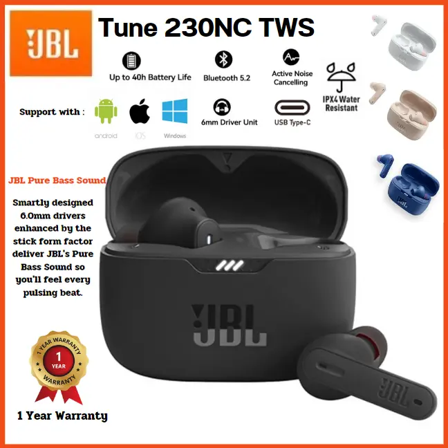 Tai nghe Bluetooth JBL tune 230nc TWS, Tai nghe không dây thể thao chống nước IPX4, Micrô Bluetooth khử tiếng ồn, Tai nghe JBL, Thích hợp cho thể thao, Tai nghe TWS, Bảo hành 2 năm
