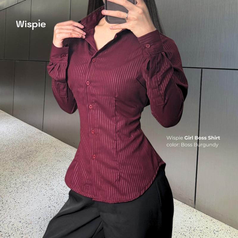 Wispie Girl Boss Fitted Shirt | Kemeja kerja wanita fit garis stripe karet Lembut pink hijau biru 6