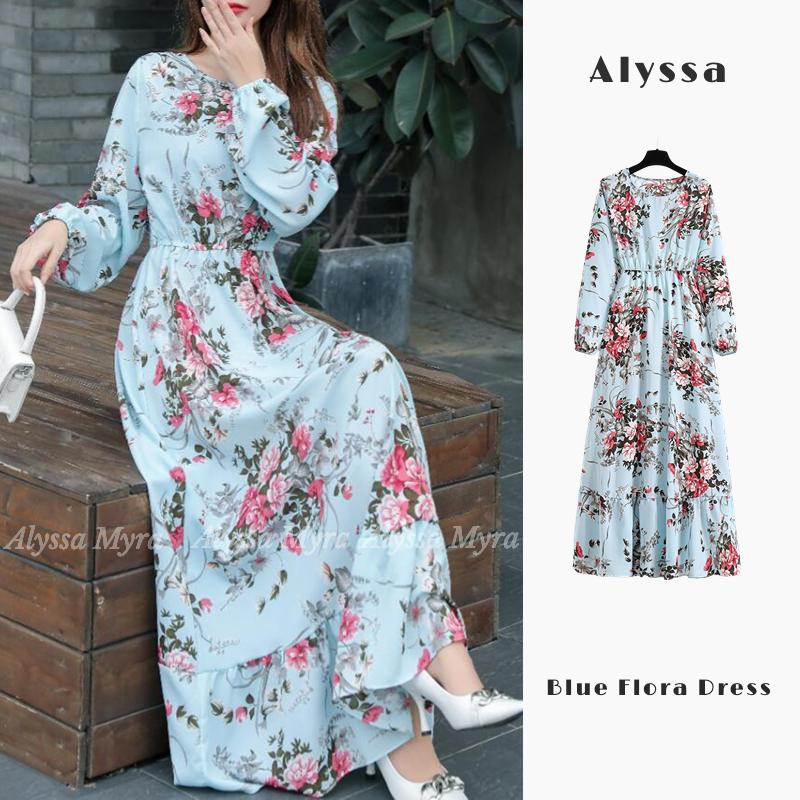 [Malay Stock] Alyssa Fashion Baju Raya 2023 Muslimah Elegant Maxi Dress Long Sleeve Floral Print Hijab outfit Blue Warna lubna outfit