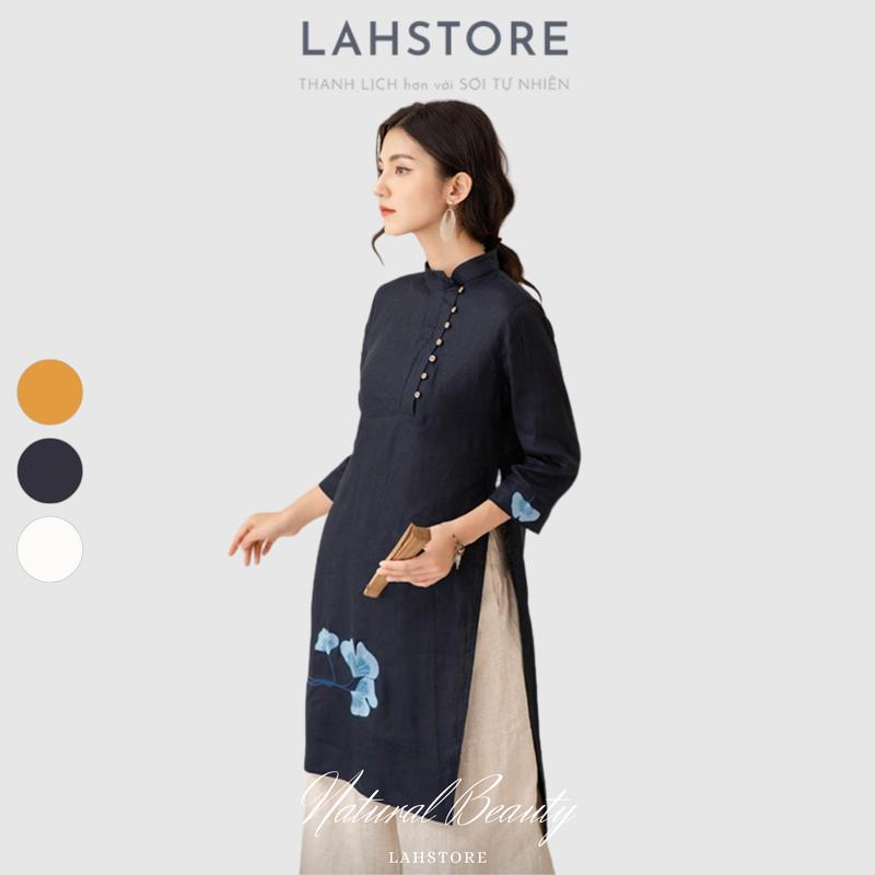 Áo dài cách tân nữ LAHSTORE vải linen premium cúc lệch thêu hoa Xanh Đen Trắng Vàng Dress Đầm