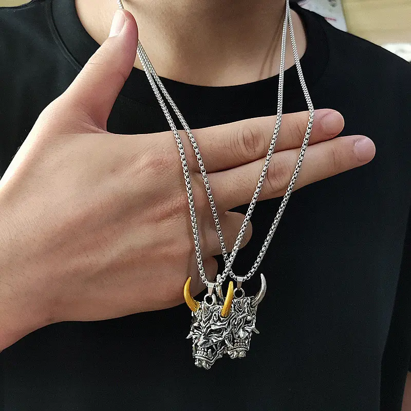 Topeng Prajna Vintage Gelap Kalung Baja Titanium Pria Tanduk Panjang Raja Kalung Stainless Steel 5