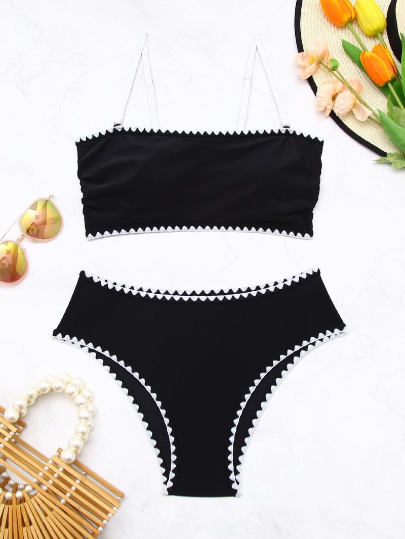 Product Introduction of Two-Piece Set Women's Plain Bikini Set, Casual Strapless Swim Top & High Waist Swim Bottom Two-piece Swimsuit for Beach Holiday Vacation, Ladies Swimwear for All Seasons 3