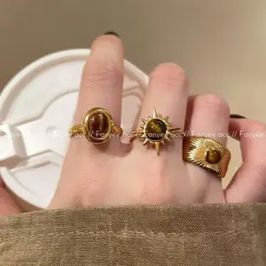 [Fanyee] Cincin Bunga Matahari Batu Mata Harimau Warna Emas Desain Unik Produk Hits Z184