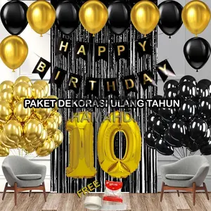 Paket Dekorasi Ulang Tahun Tirai Hitam Banner HBD Hitam Balon Hitam dan Gold